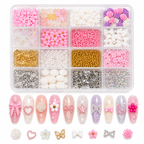Nail Art Rhinestone & Charms Kit – 12 Fack med Rosetter, Pärlor, Björnar & Dekorationer