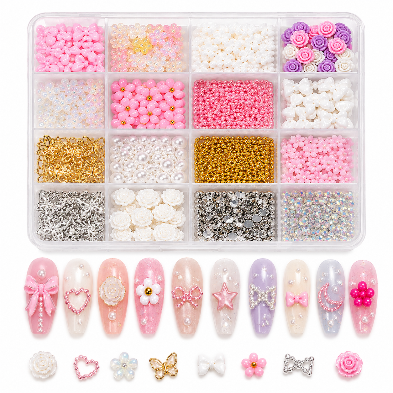 Nail Art Rhinestone & Charms Kit – 12 Fack med Rosetter, Pärlor, Björnar & Dekorationer