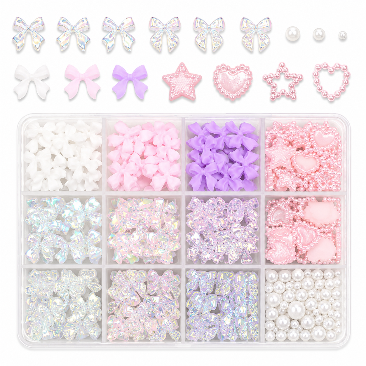 Nail Art Rhinestone & Charms Kit – 12 Fack med Rosetter, Pärlor, Björnar & Dekorationer