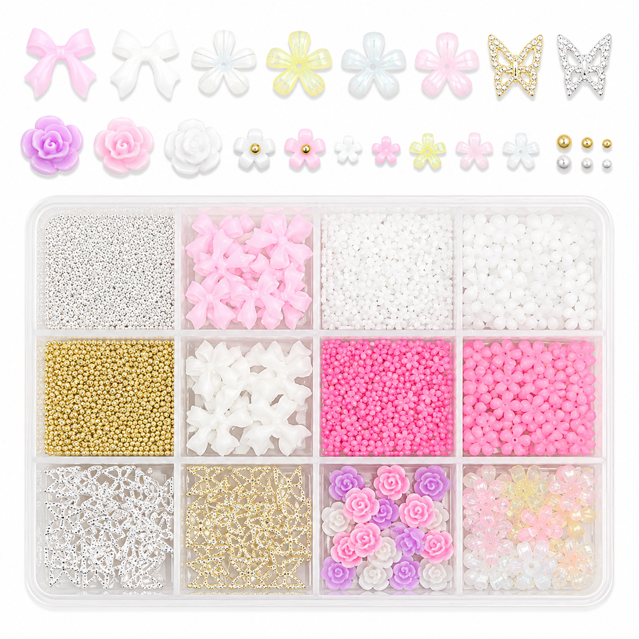 Nail Art Rhinestone & Charms Kit – 12 Fack med Rosetter, Pärlor, Björnar & Dekorationer