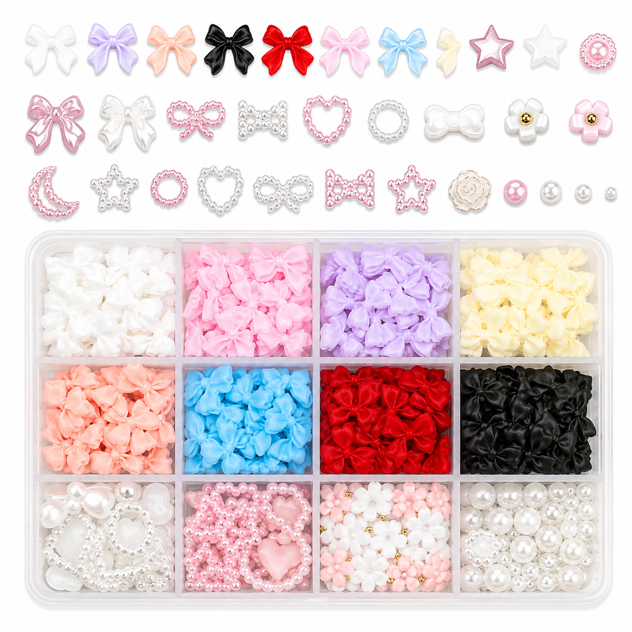 Nail Art Rhinestone & Charms Kit – 12 Fack med Rosetter, Pärlor, Björnar & Dekorationer
