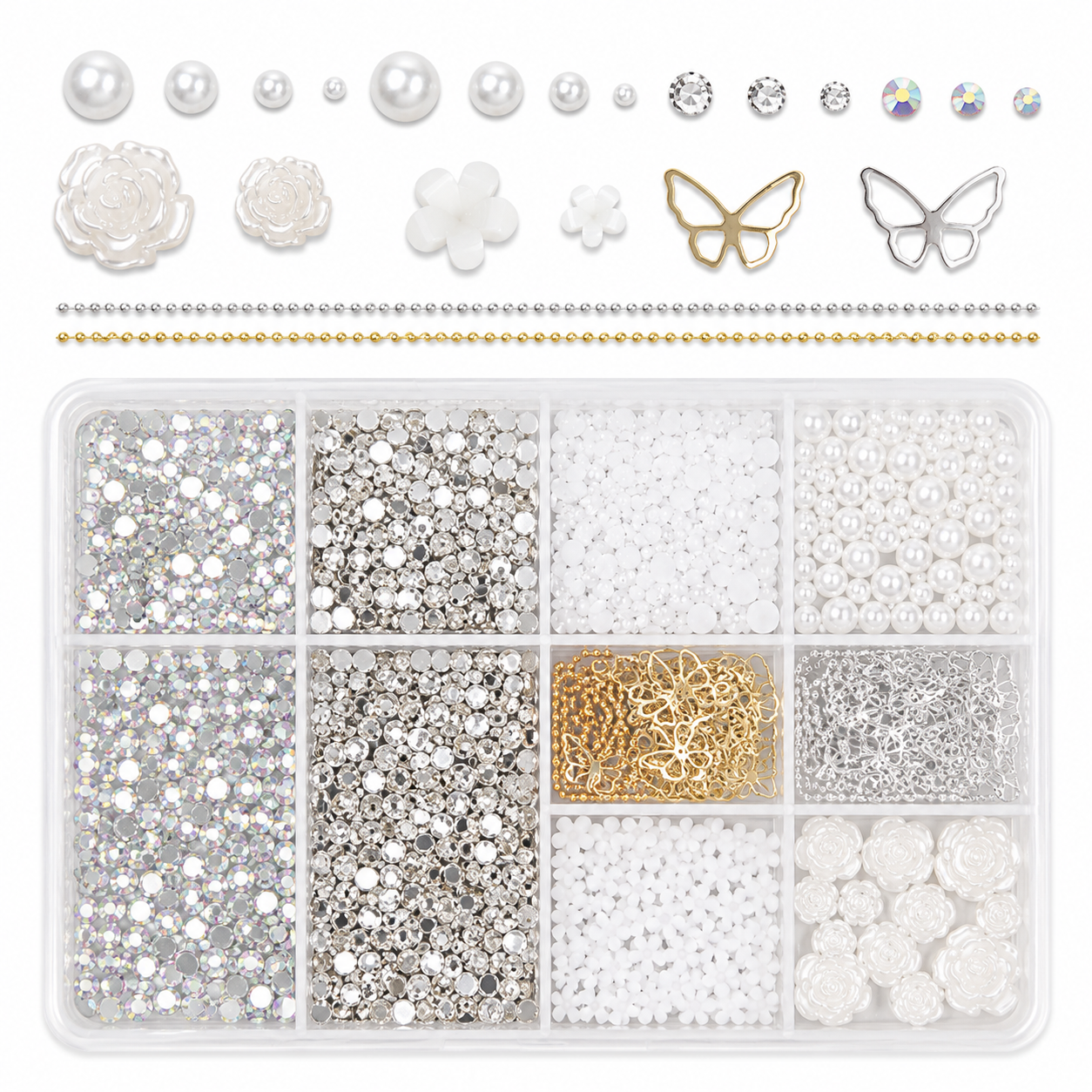 Nail Art Rhinestone & Charms Kit – 12 Fack med Rosetter, Pärlor, Björnar & Dekorationer