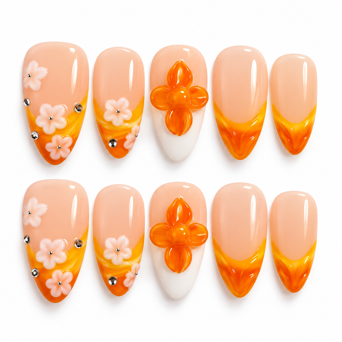 Golden Bloom Press On Nails – Handgjorda 3D Blomnaglar