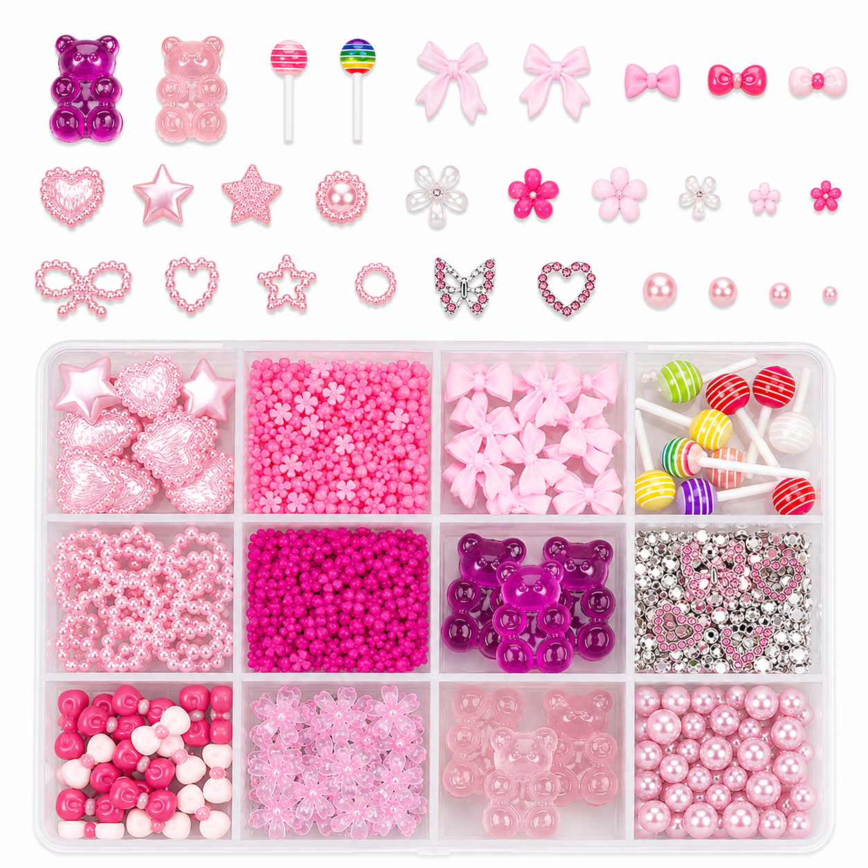Nail Art Rhinestone & Charms Kit – 12 Fack med Rosetter, Pärlor, Björnar & Dekorationer