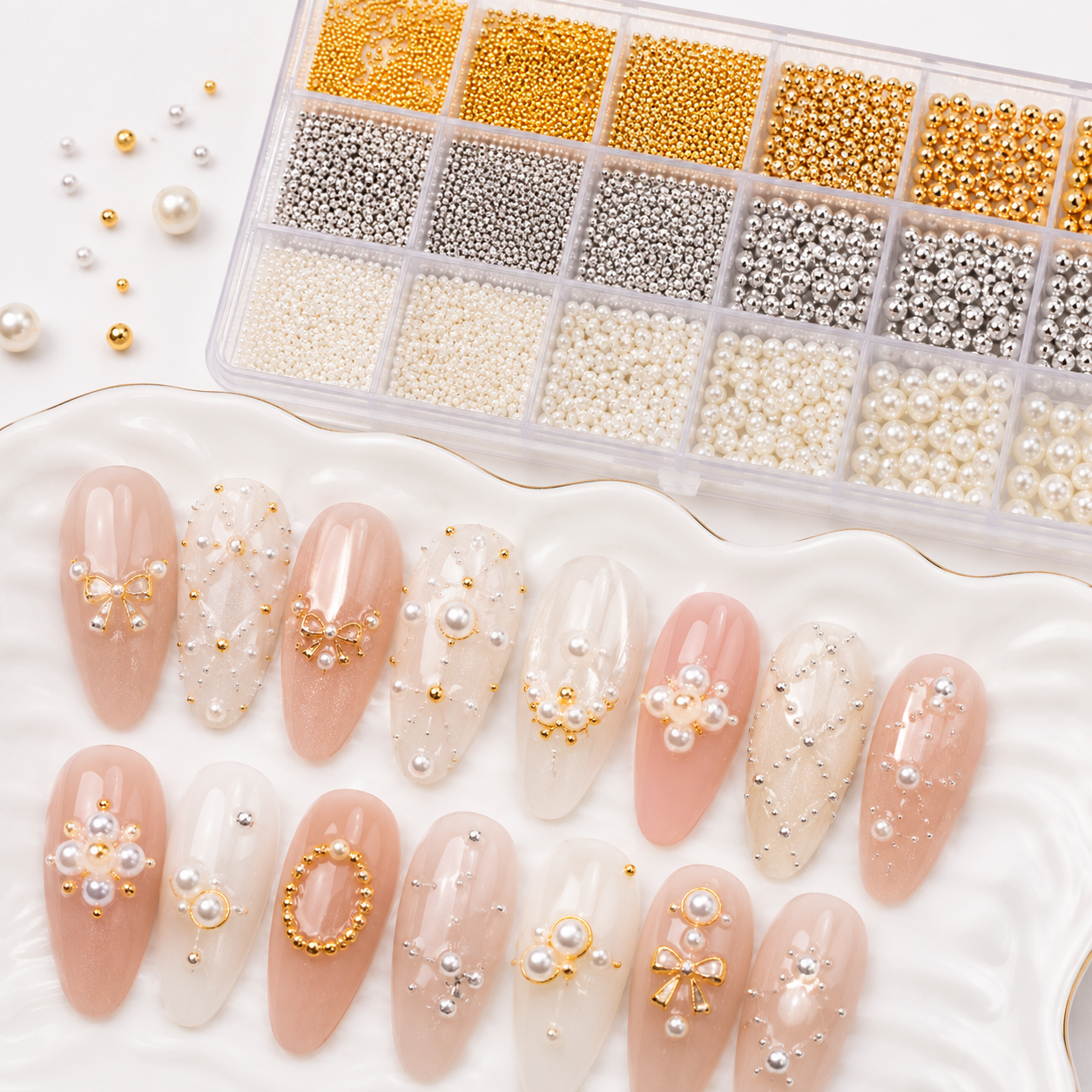 Pearl & Metal Nail Art Beads Kit – 24 Fack med Pärlor & Metallkulor