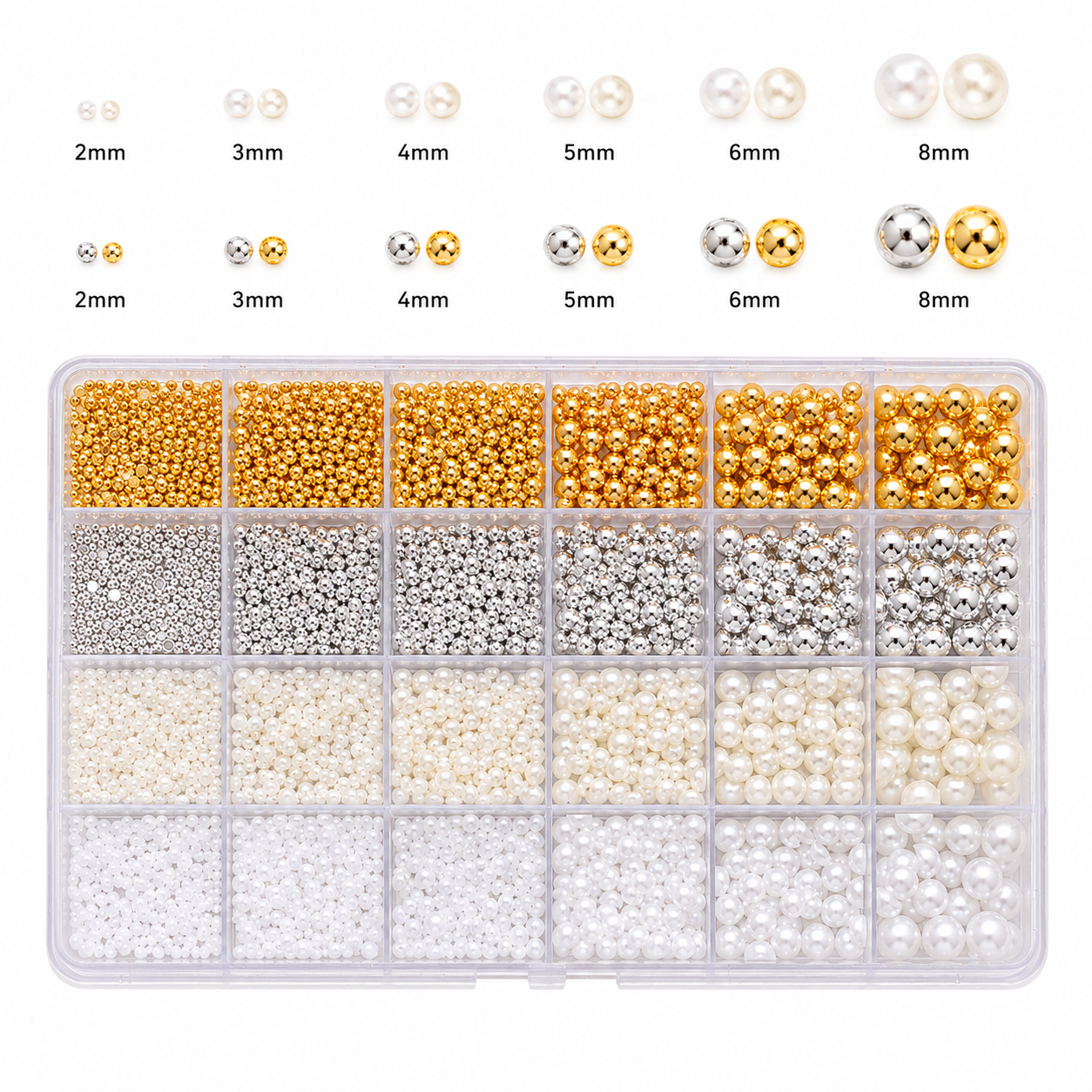 Pearl & Metal Nail Art Beads Kit – 24 Fack med Pärlor & Metallkulor