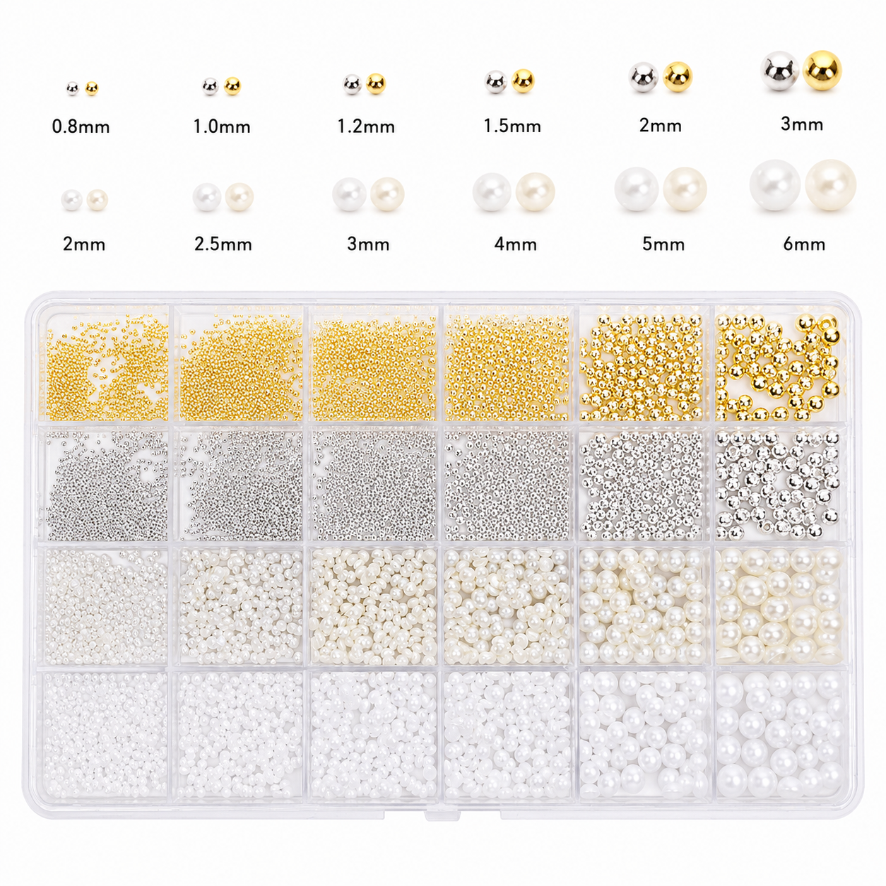 Pearl & Metal Nail Art Beads Kit – 24 Fack med Pärlor & Metallkulor