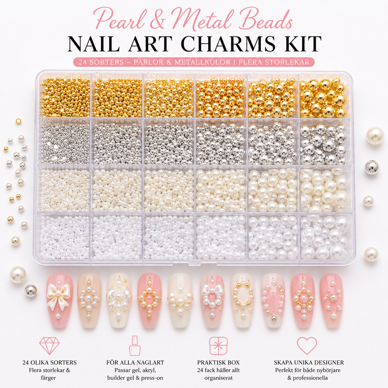 Pearl & Metal Nail Art Beads Kit – 24 Fack med Pärlor & Metallkulor
