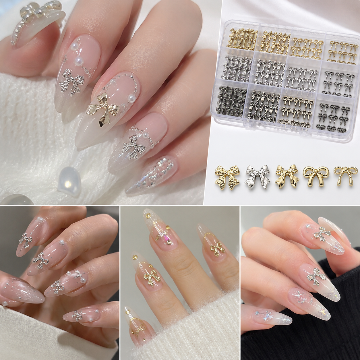 3D Bow Nail Charms Set – 12 Fack Guld & Silver | Nail Art Dekorationer