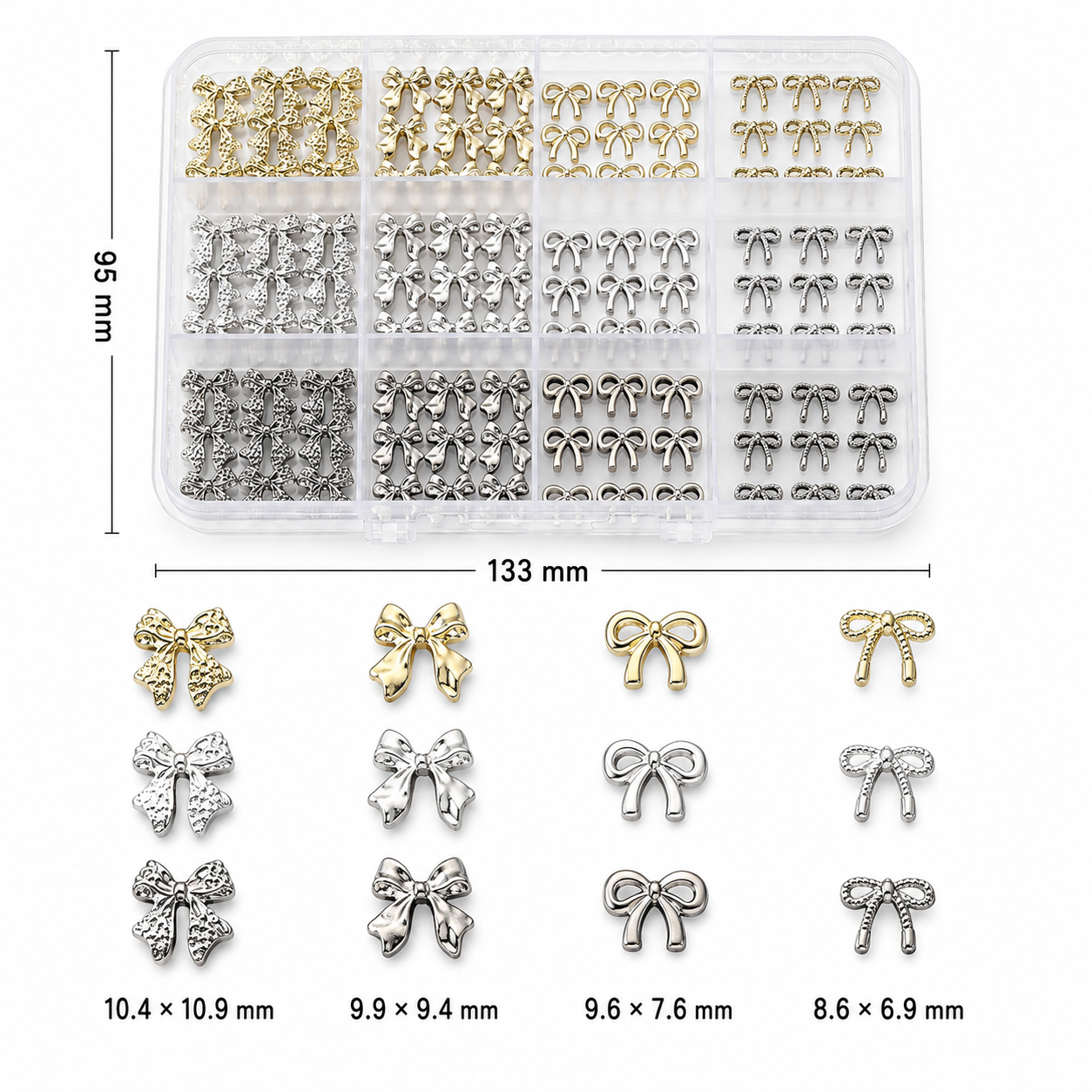 3D Bow Nail Charms Set – 12 Fack Guld & Silver | Nail Art Dekorationer